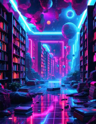 The primary subject of the image is a futuristic cityscape with a neon-lit environment. The setting is a large library filled with books, and the visual style is a digital art or illustration. The colors and mood of the image are predominantly pink and purple, creating a vibrant and surreal atmosphere.